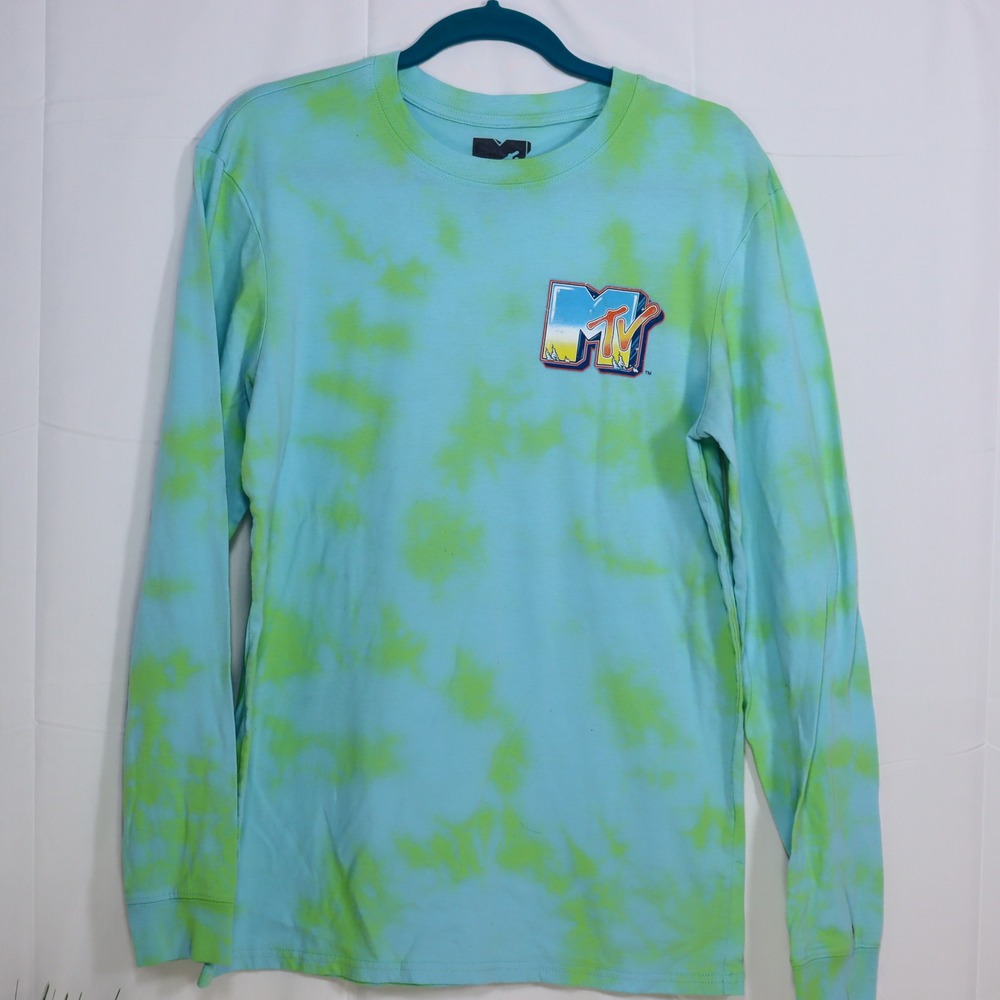 MTV Graphic T-Shirt Mens Medium Blue Green‎ Tie Dye Excellent Long Sleeve